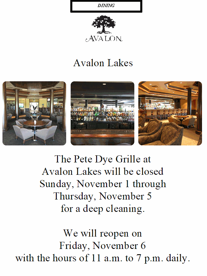 Sunday, November 1 through Thursday, November 4 at Avalon Lakes
